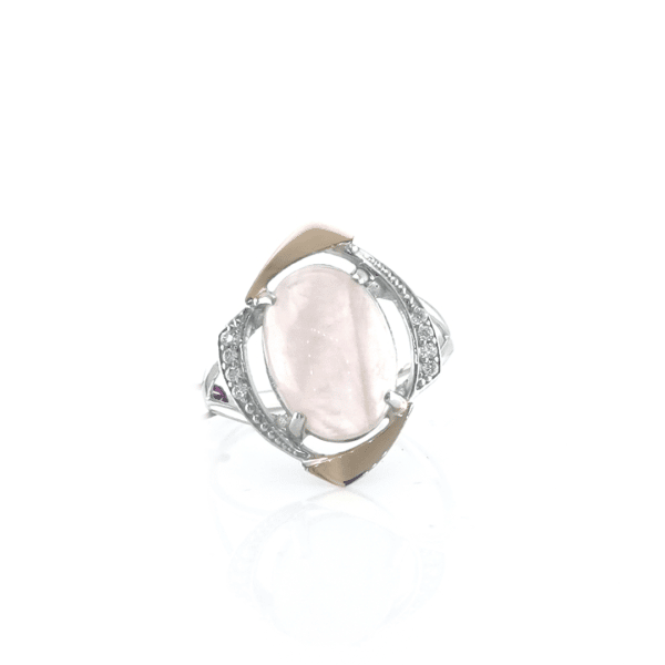 Sidabrinis žiedas su rožiniu kvarcu ir aukso detalėmis | Juvelyrika Baltijos Perlas |